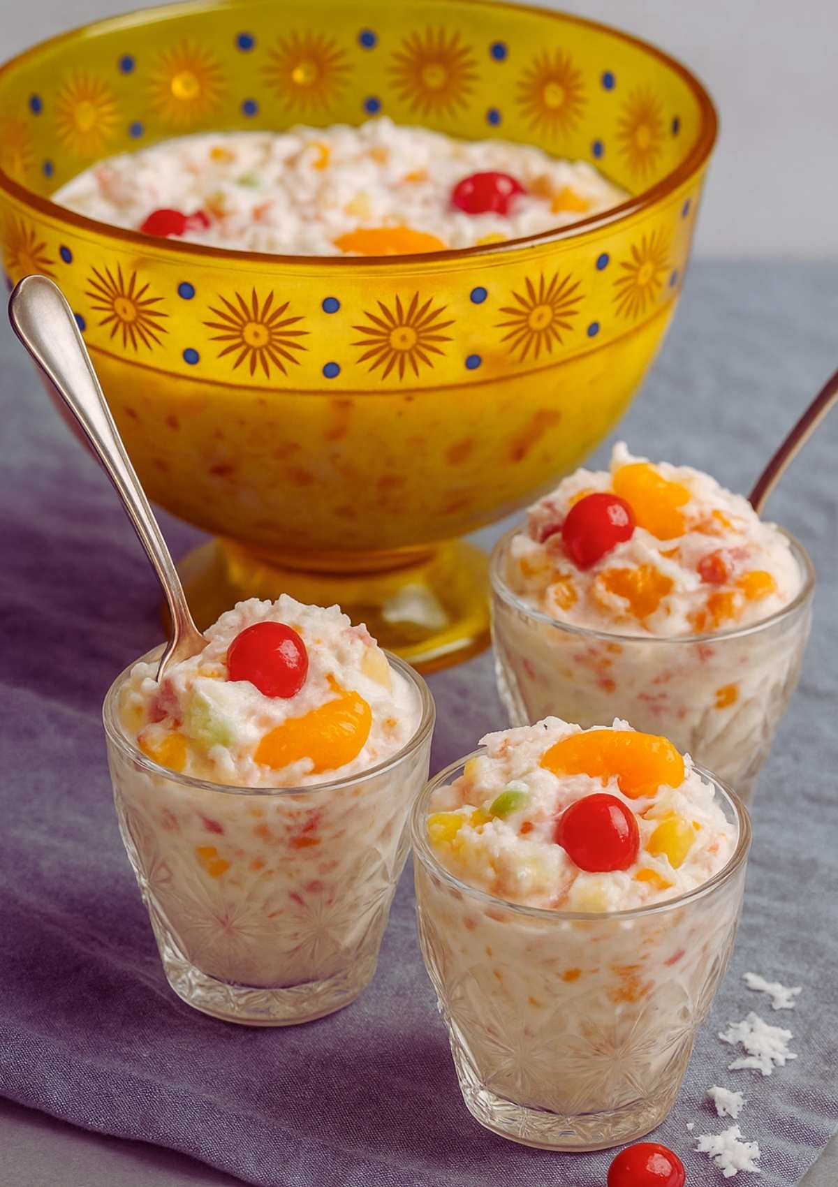 serving creamy ambrosia salad in glass dessert cups topped with cherries and mandarin oranges