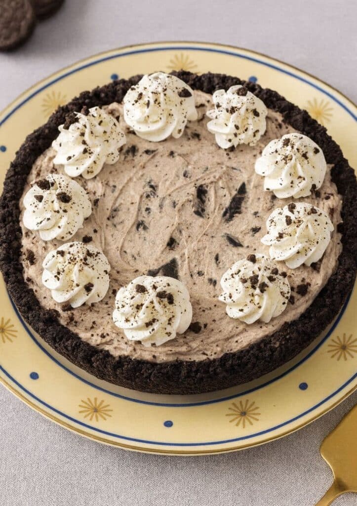 Whole Oreo pie with whipped cream swirls on a yellow plate decorated with golden sunbursts