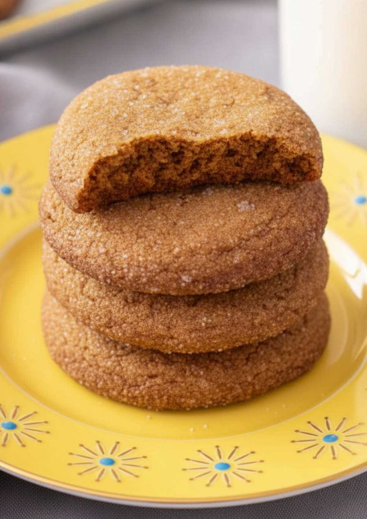 Stack of chewy gingersnap cookies with one bitten cookie on top