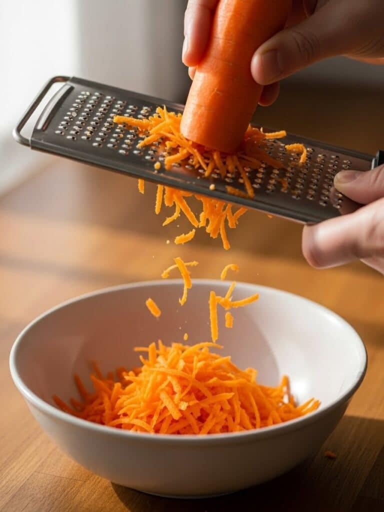 Grating fresh carrots for carrot muffins