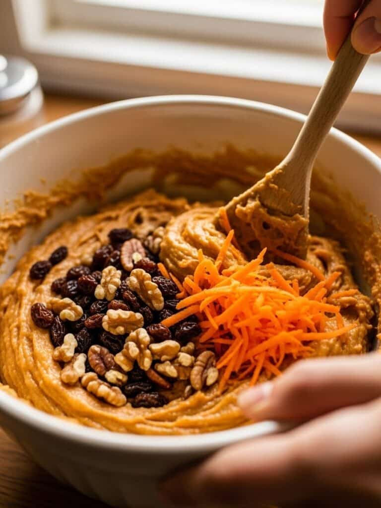 Folding raisins and nuts into carrot muffin batter