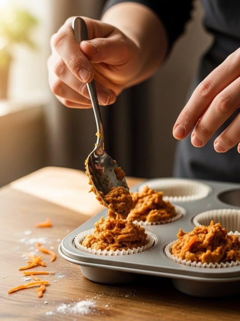 Filling muffin pan with carrot muffin batter