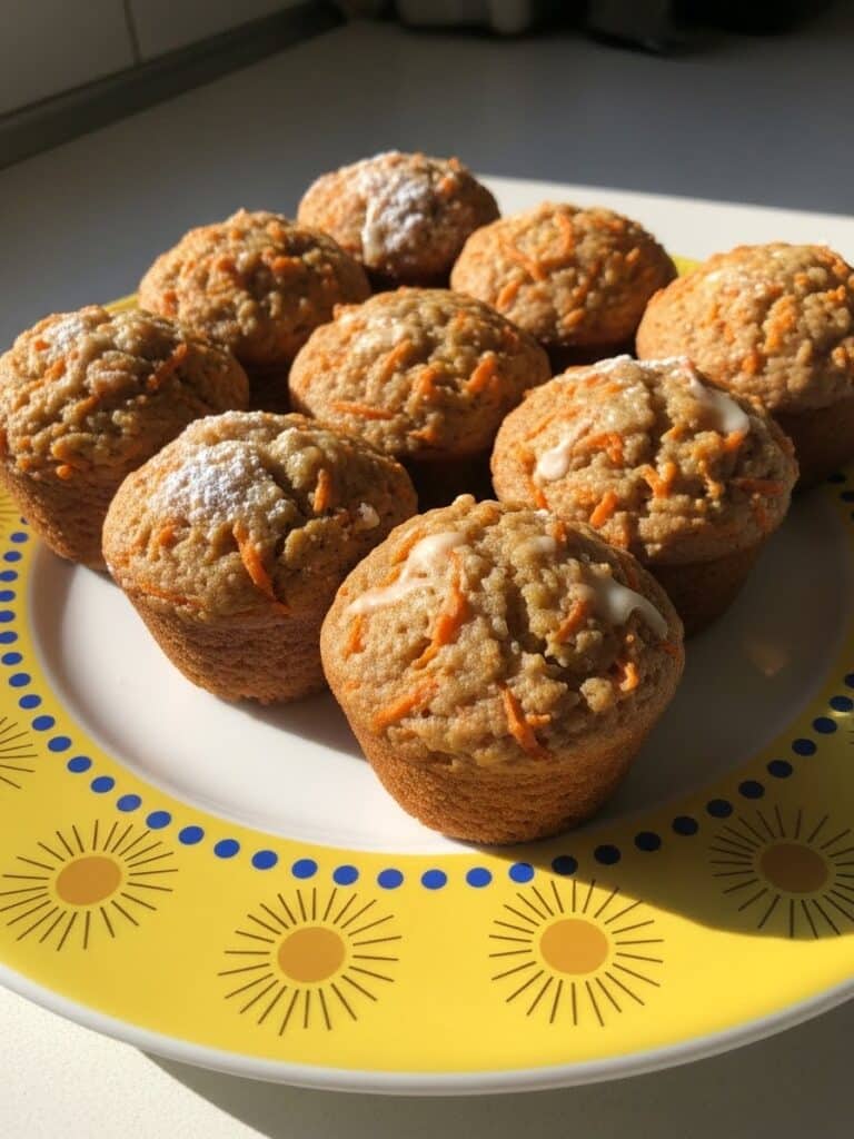 Carrot muffins on a yellow plate with golden sunburst rim