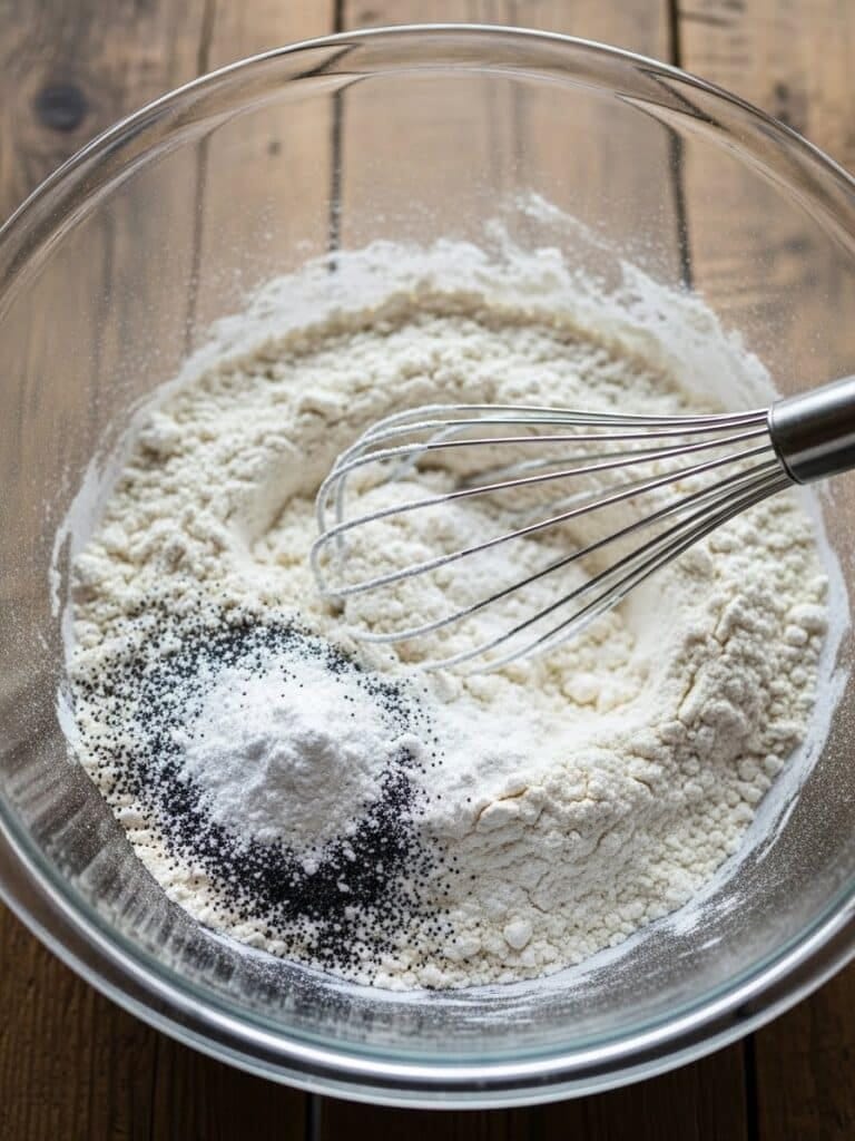 Whisking dry ingredients for lemon poppy seed muffins