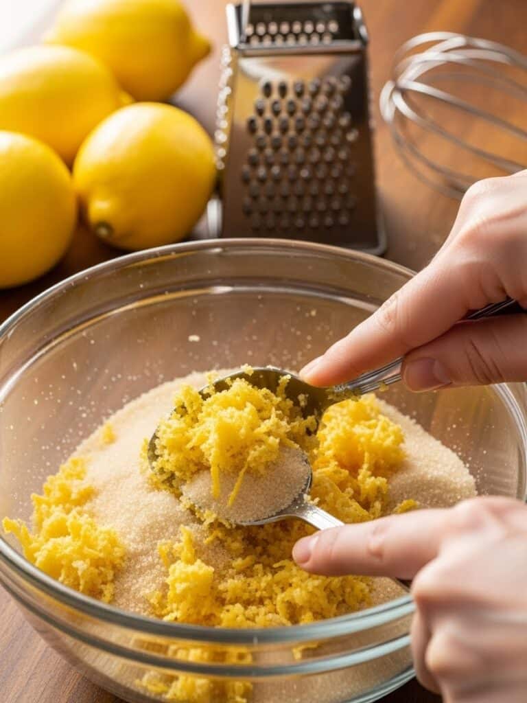 Rubbing lemon zest into sugar for lemon poppy seed muffins