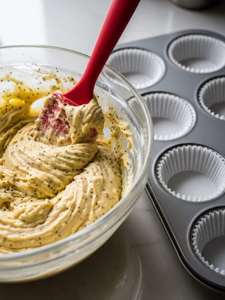 Folding batter for lemon poppy seed muffins