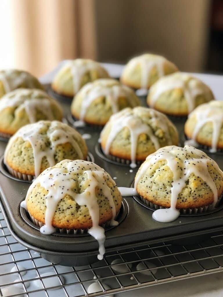 Freshly baked lemon poppy seed muffins cooling on rack
