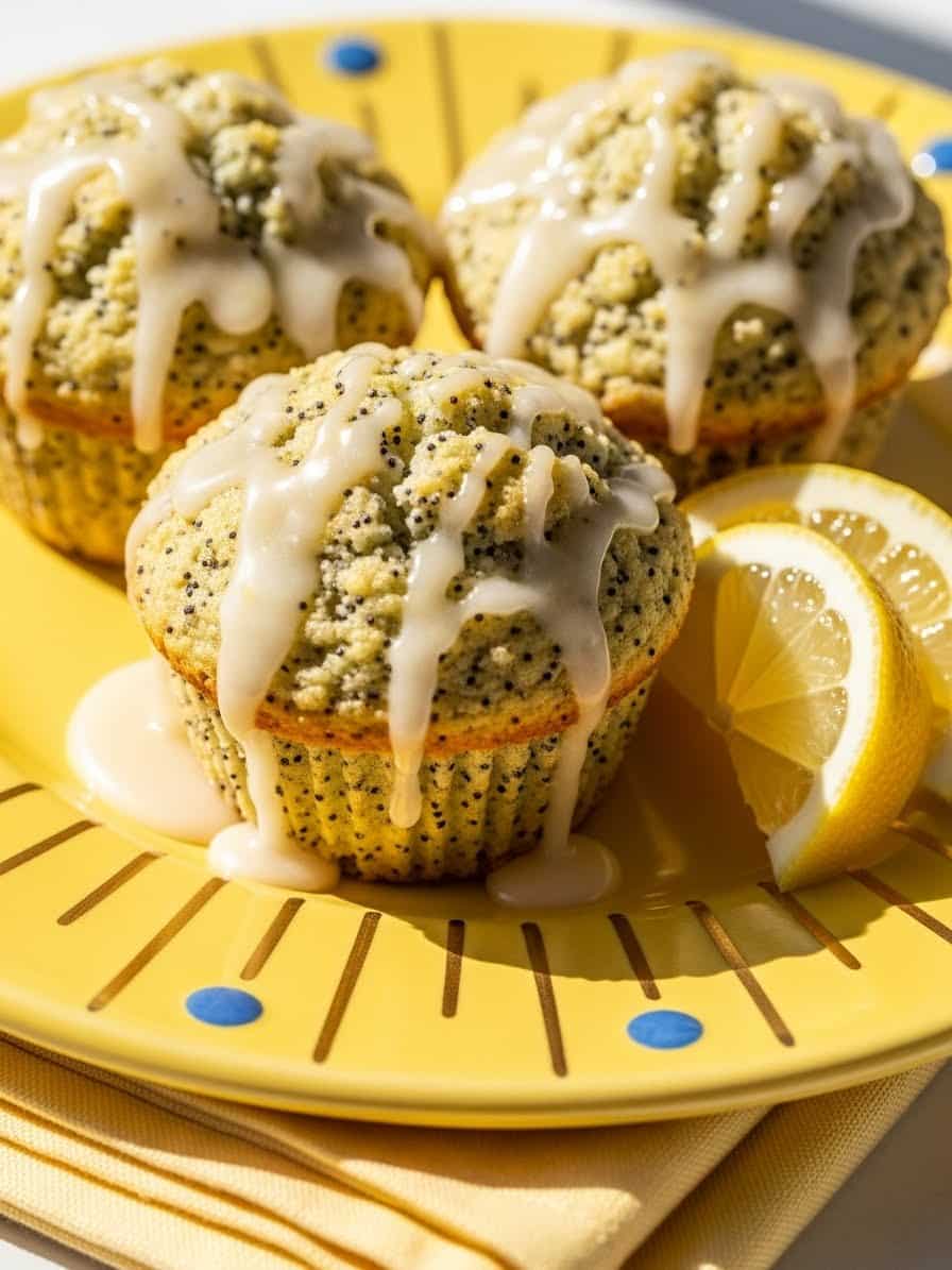 Lemon Poppy Seed Muffins on yellow plate with golden sunbursts and blue dots