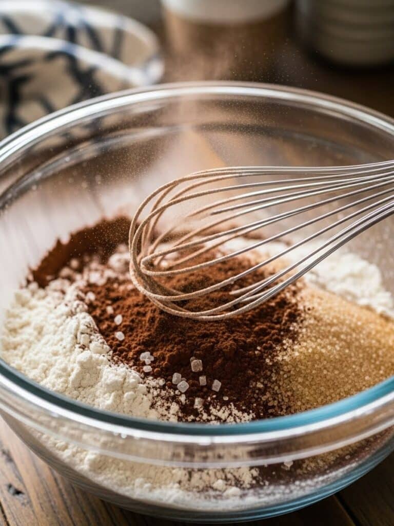 Mixing dry ingredients for chocolate muffins