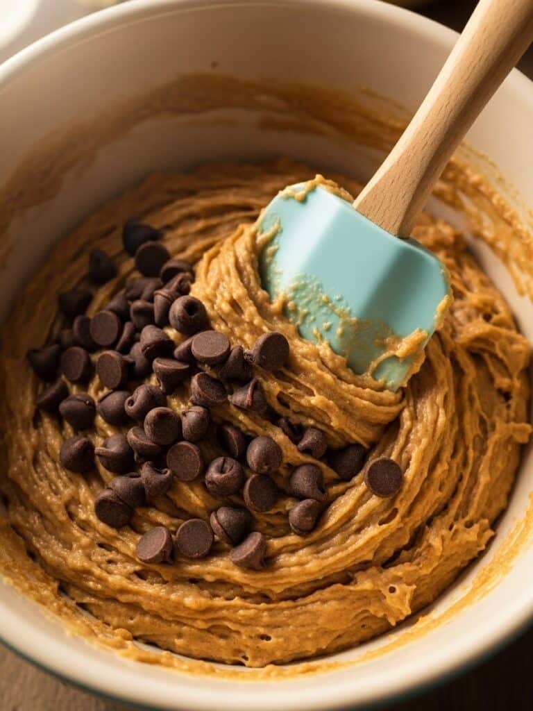 Folding chocolate chips into chocolate muffin batter