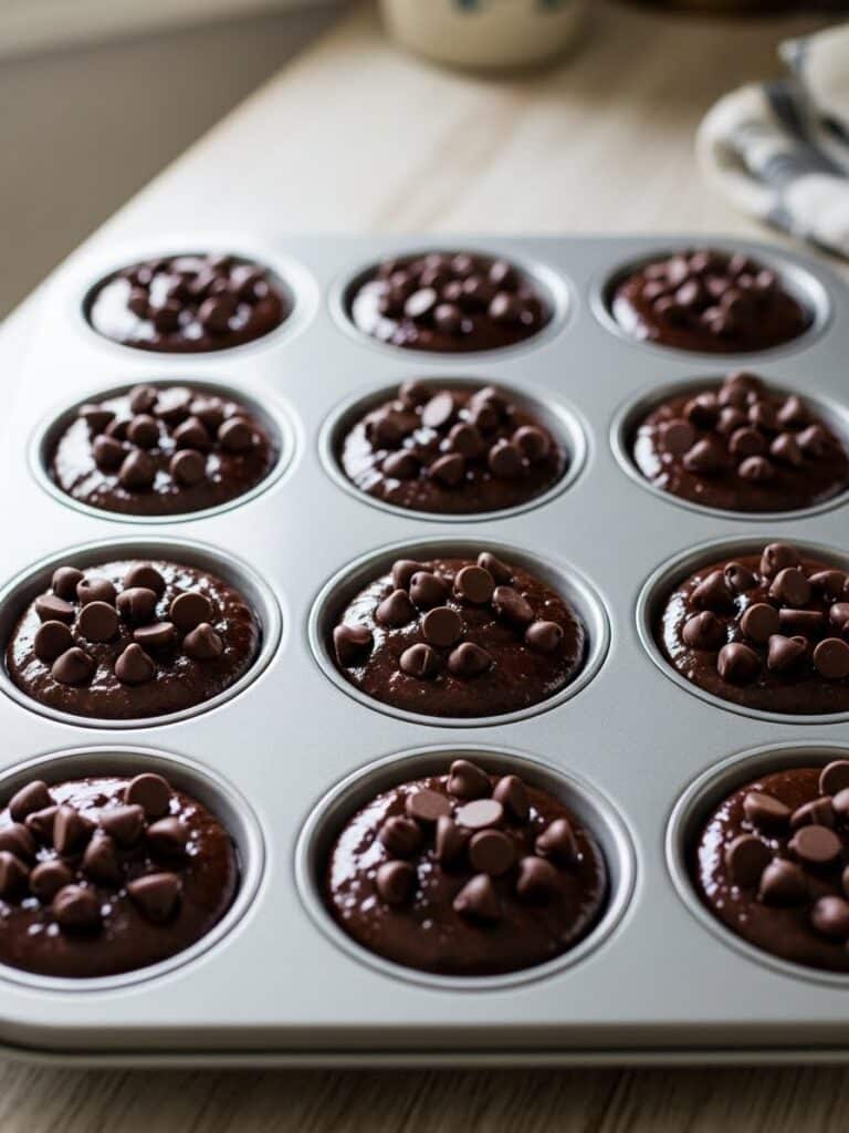 Filling muffin tin with chocolate muffin batter
