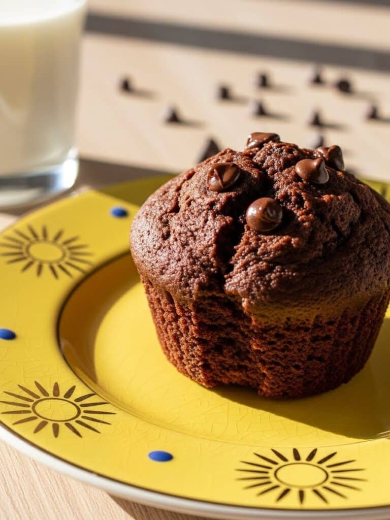 Chocolate muffin on plate with golden sunburst rim