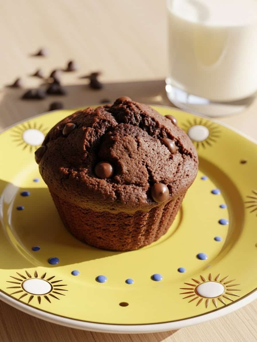 Chocolate muffin on yellow plate with golden sunburst rim
