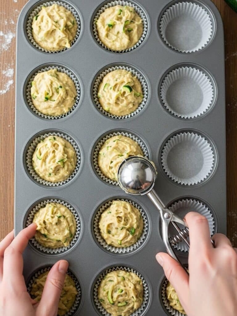 Filling Muffin Liners with Zucchini Muffin Batter
