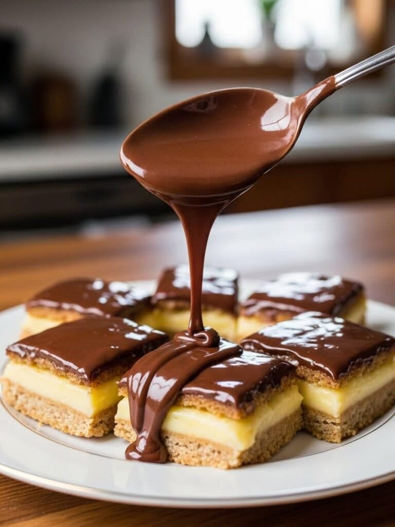 Pouring chocolate ganache over Nanaimo Bars