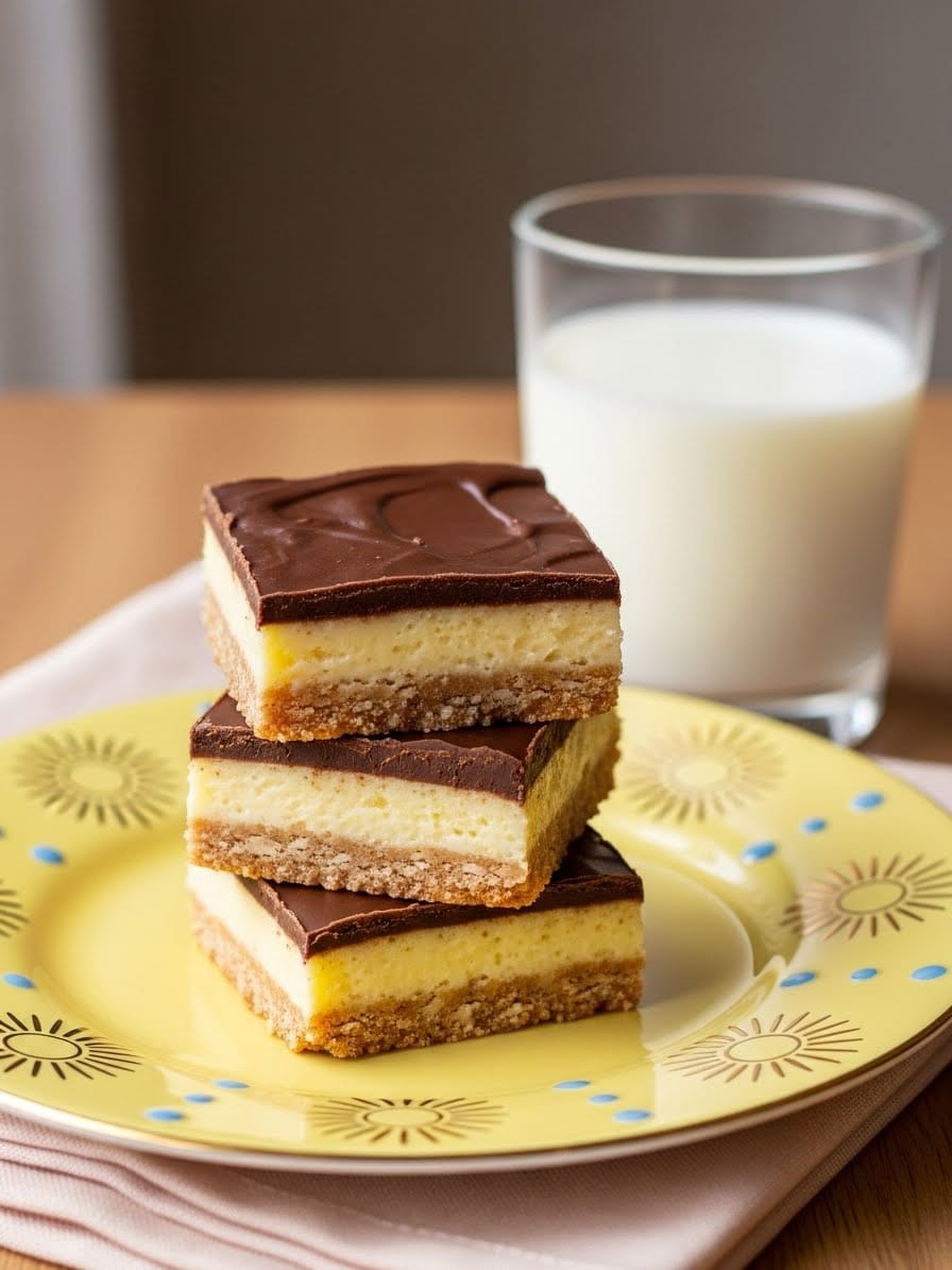 Nanaimo Bars stacked on a yellow plate with golden sunburst rim