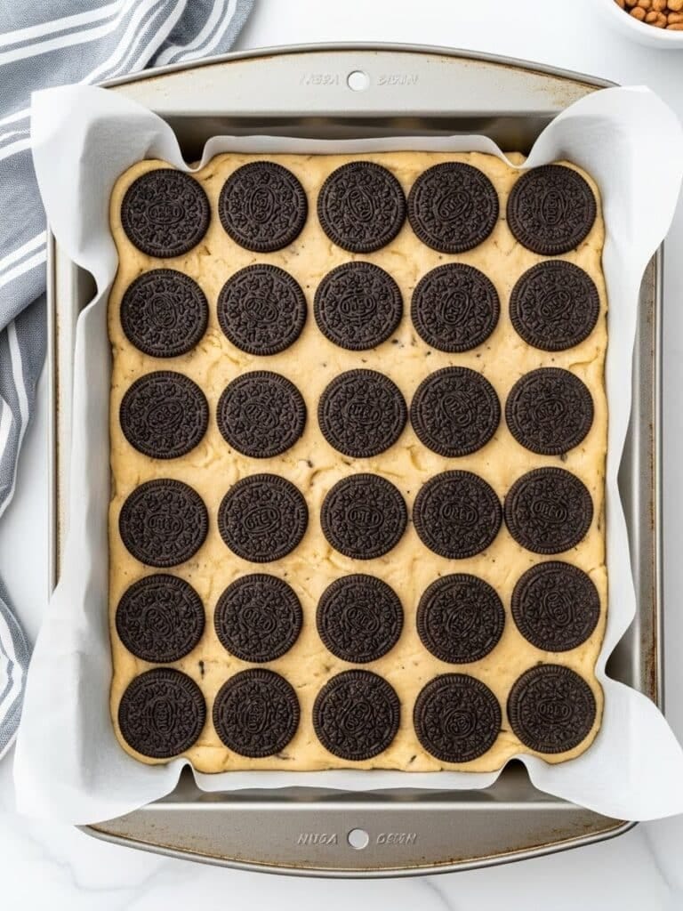 Oreo cookie layer arranged over cookie dough for Slutty Brownies