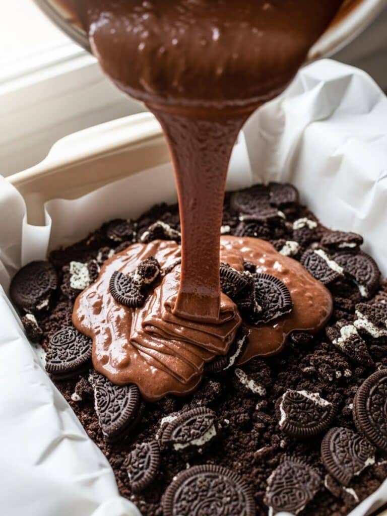 Pouring brownie batter over Oreo layer for Slutty Brownies