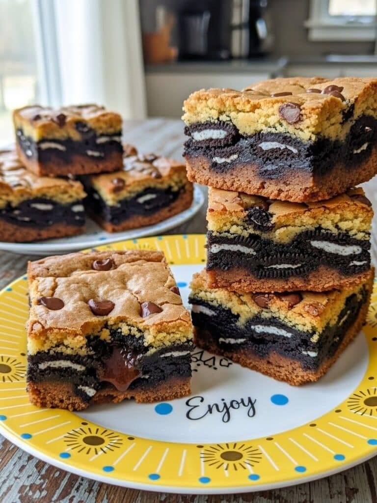 Slutty Brownies layered dessert bars with cookie dough, Oreos