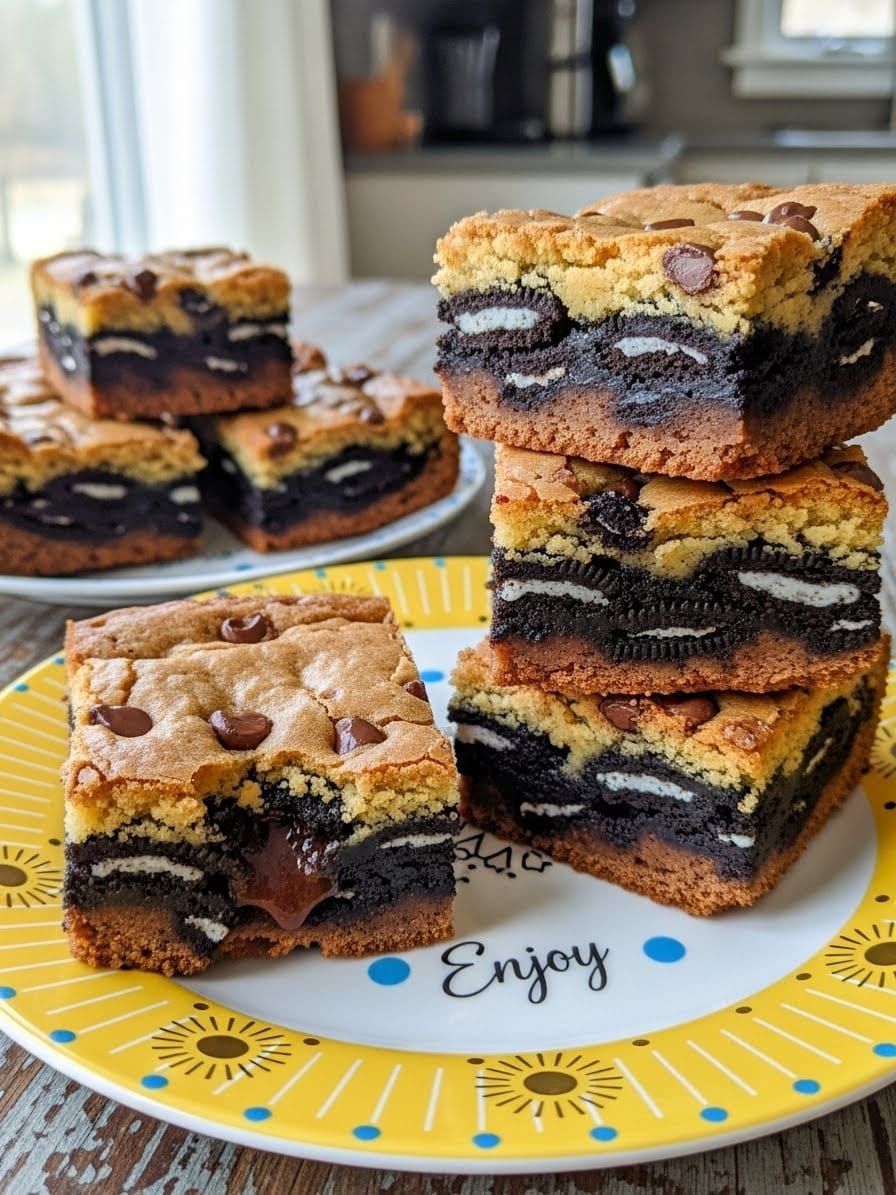 Slutty Brownies layered dessert bars with cookie dough, Oreos