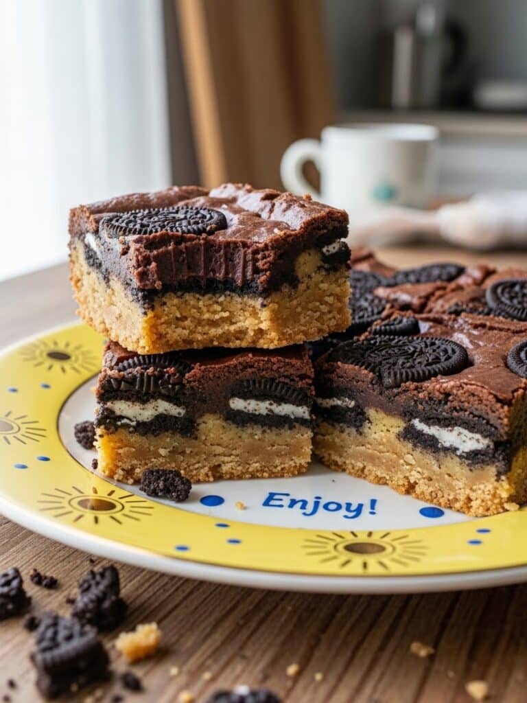 Slutty Brownies layered dessert bars with cookie dough, Oreos, and brownies