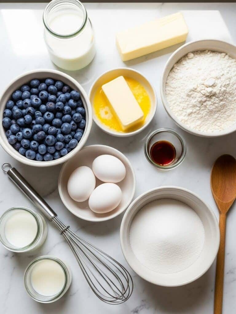 Ingredients for homemade blueberry muffins on a kitchen counter