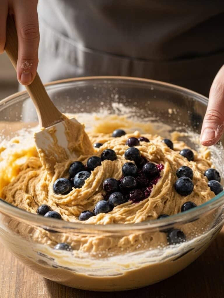 Folding fresh blueberries into muffin batter