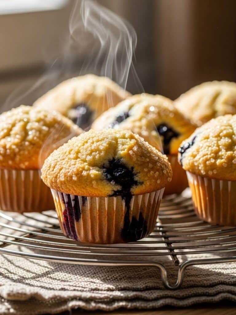 Blueberry muffins cooling on a wire rack after baking