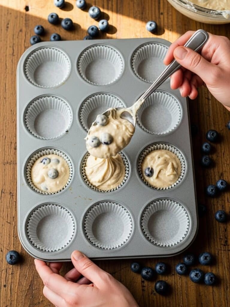Spoonful of blueberry muffin batter being added to paper liners