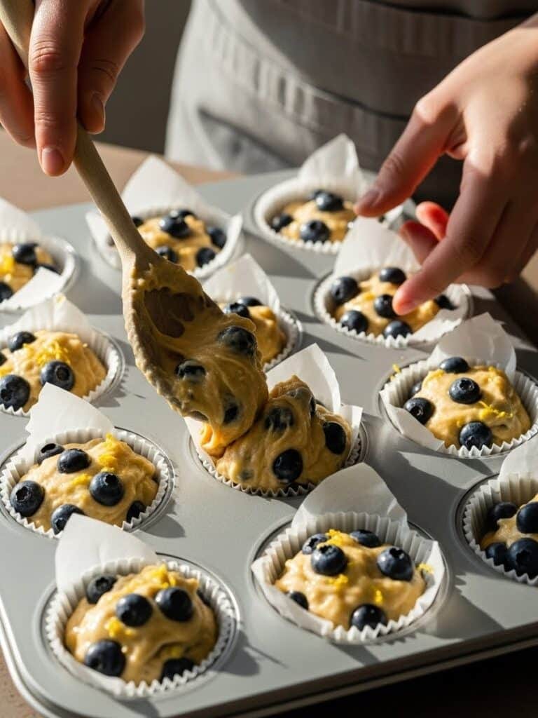 Filling muffin liners with lemon blueberry batter