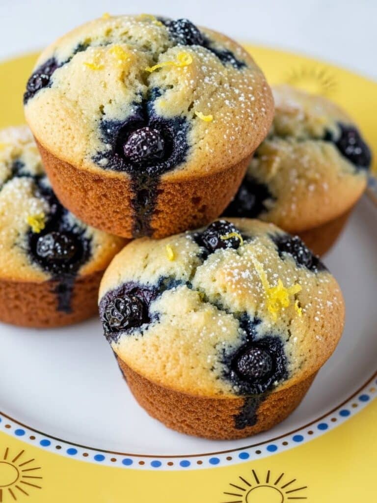 Lemon blueberry muffins on yellow plate with golden sunburst rim