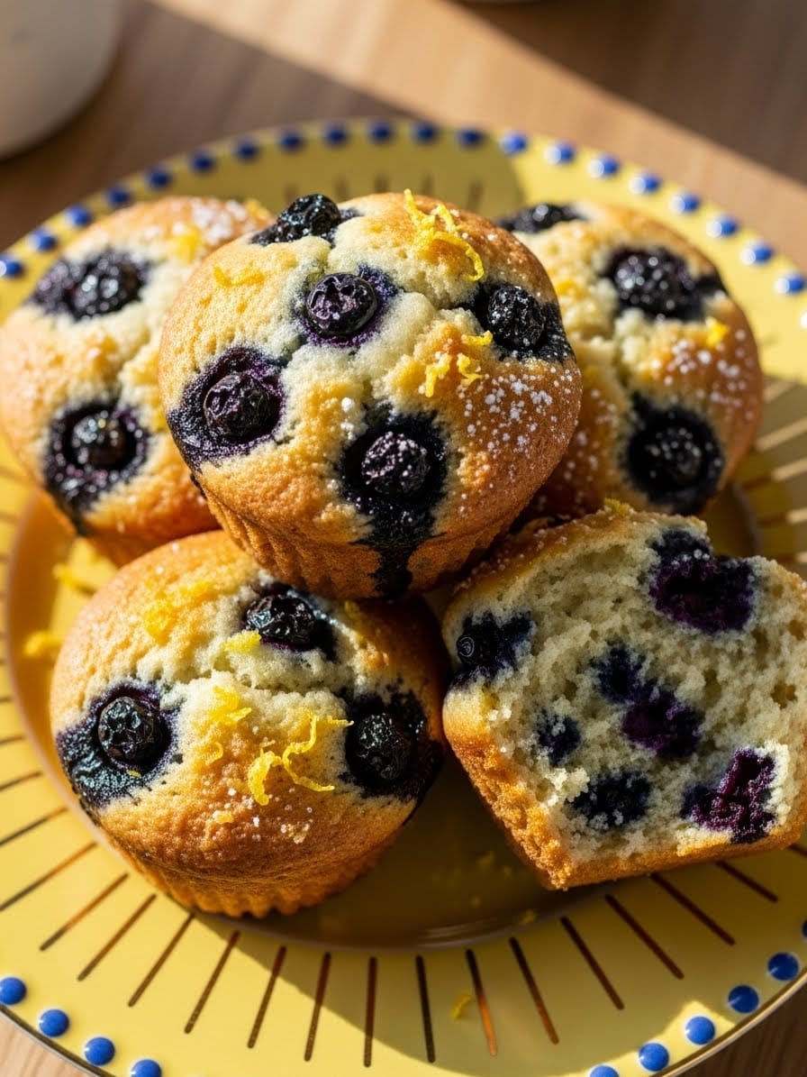 Lemon blueberry muffins on yellow plate with golden sunburst rim