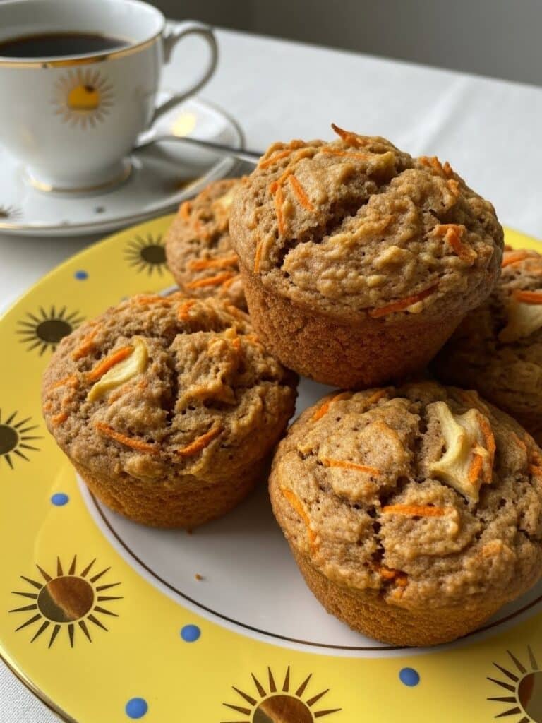 Close-up of Morning Glory Muffins on a yellow plate with golden sunburst rim
