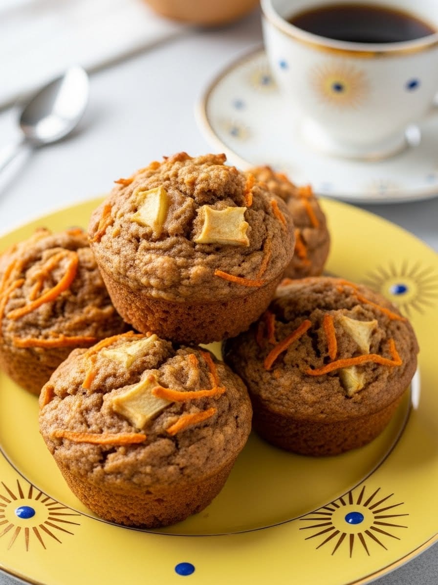 lose-up of Morning Glory Muffins on yellow plate with golden sunburst rim