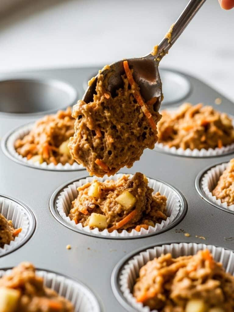 Filling muffin liners with Morning Glory Muffin batter
