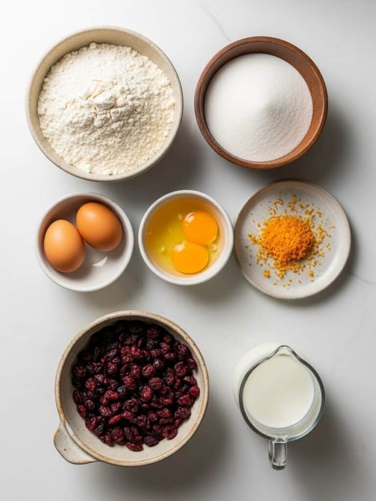 Cranberry Orange Muffin ingredients flat lay
