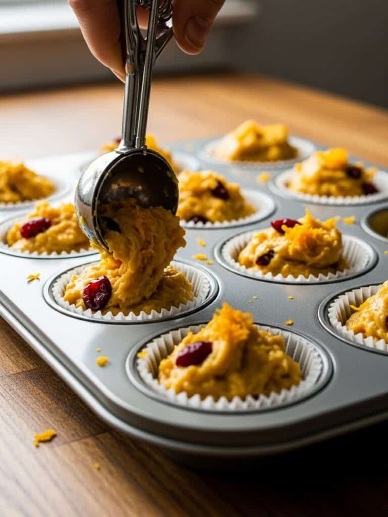 Filling muffin liners with Cranberry Orange Muffin batter