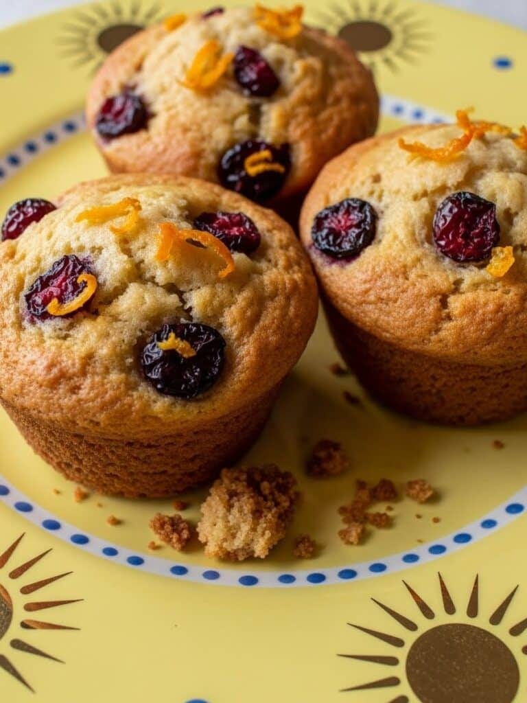Three Cranberry Orange Muffins on yellow plate