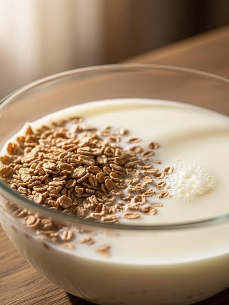 Wheat bran soaking in buttermilk in a glass bowl, soft lighting1