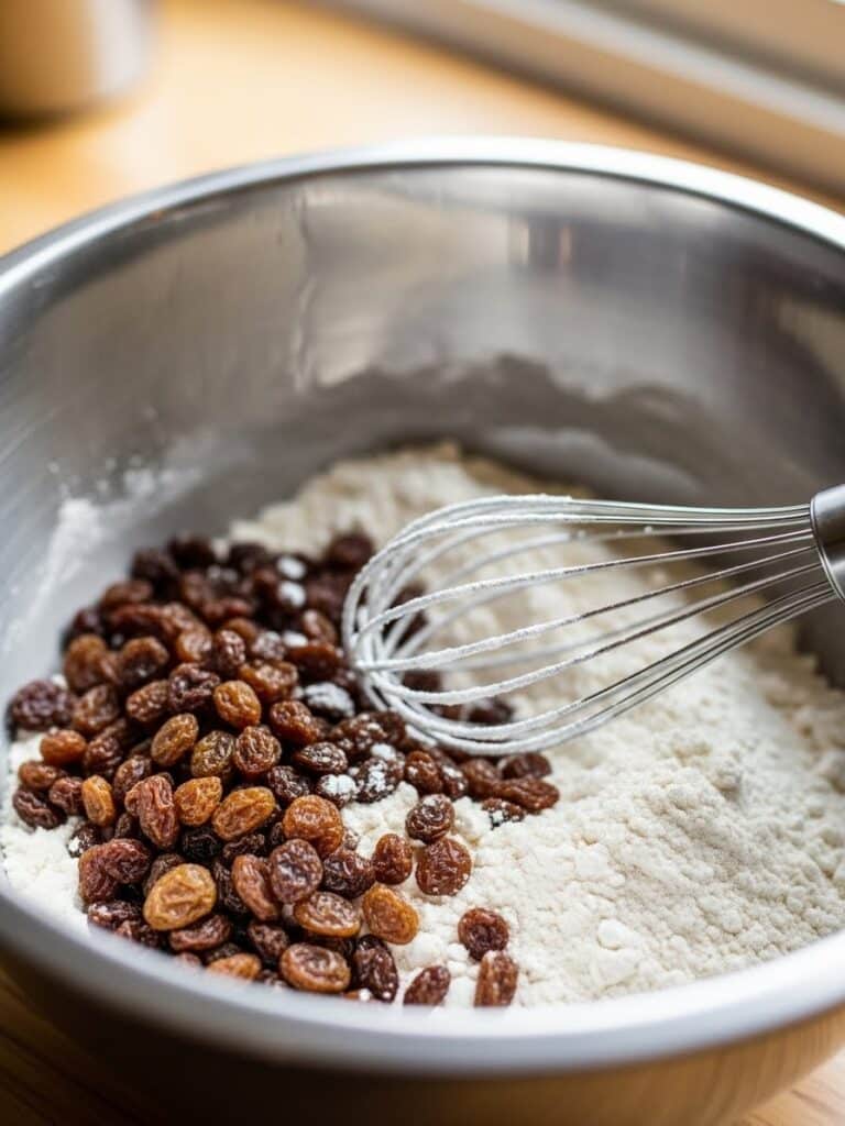 Dry ingredients with raisins being whisked together