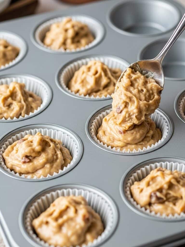 Spoon filling muffin liners with bran muffin batter