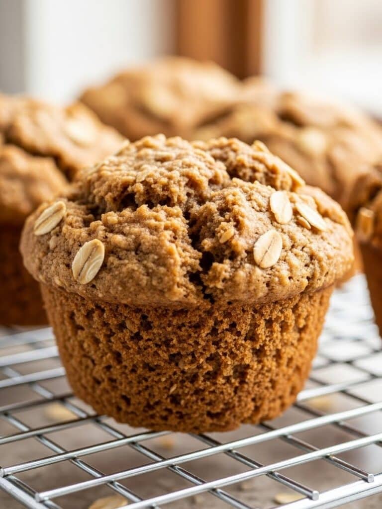 Bran muffins cooling on wire rack showing crumb texture