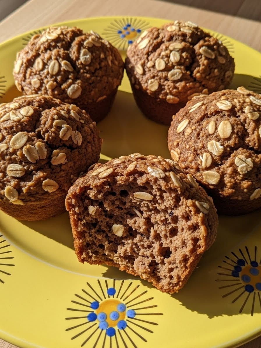 Bran muffins cooling on yellow plate with close-up crumb texture