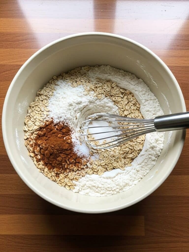 Dry ingredients for Banana Oatmeal Muffins being mixed