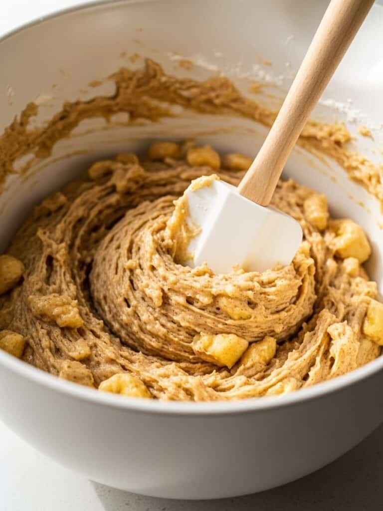 Mixing banana oatmeal muffin batter gently in a bowl