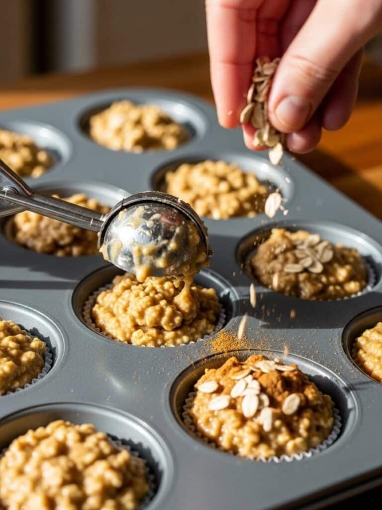 Muffin pan filled with banana oatmeal muffin batter topped with oats