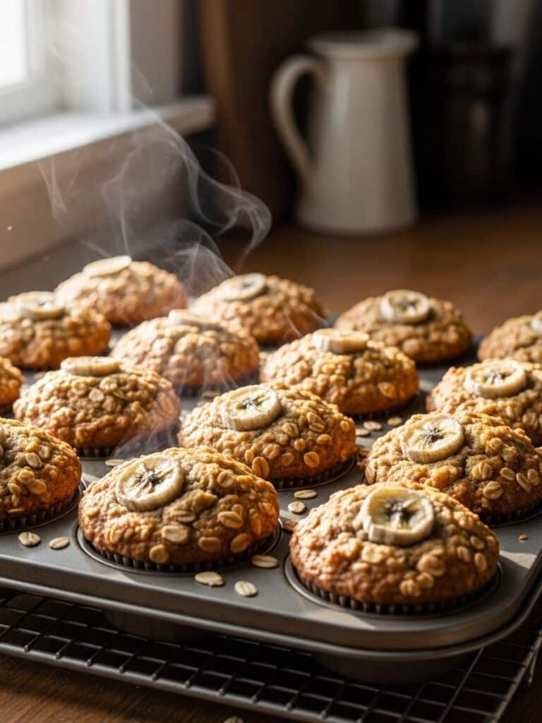 Domed golden Banana Oatmeal Muffins cooling on a rack