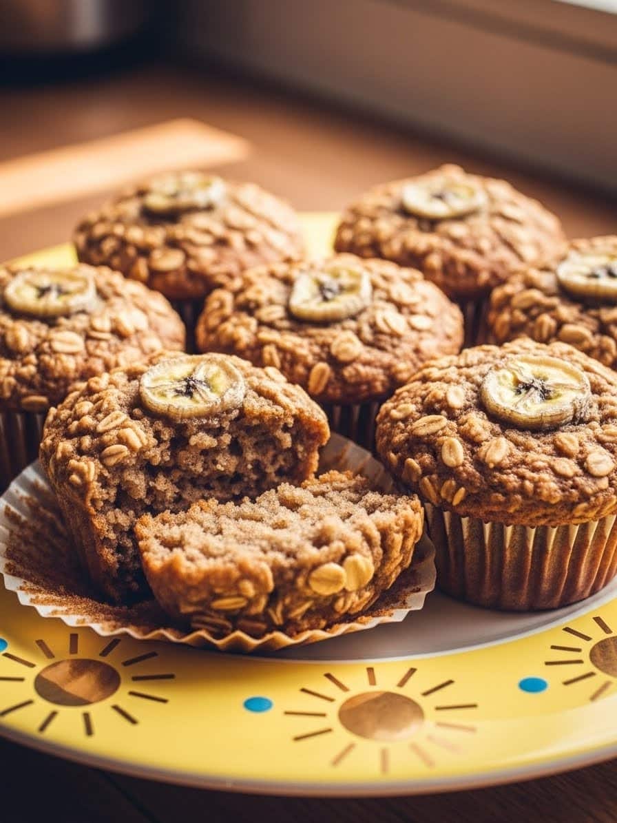 Banana Oatmeal Muffins on a yellow plate with golden sunbursts and blue dots