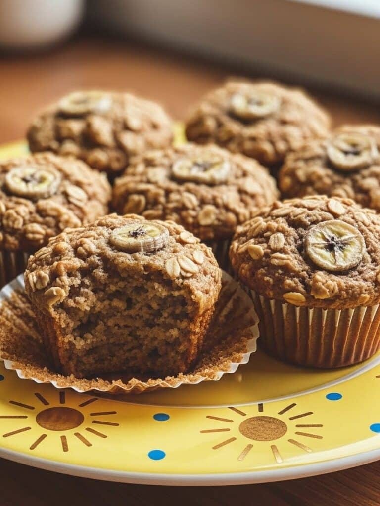 Banana Oatmeal Muffins on a yellow plate with golden sunbursts