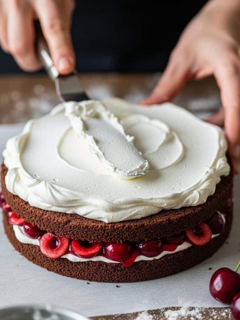 assembling black forest cake with whipped cream and cherries